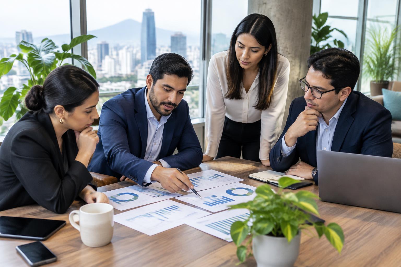 Equipo de trabajo colaborando en la planeación de una empresa